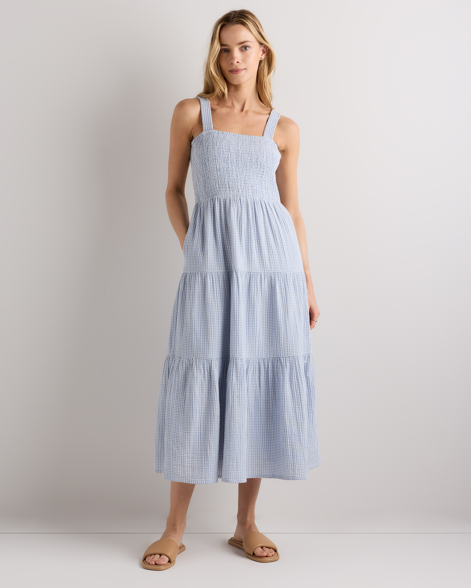 Blue Gingham 100% Organic Cotton Gauze Smocked Sleeveless Maxi Dress