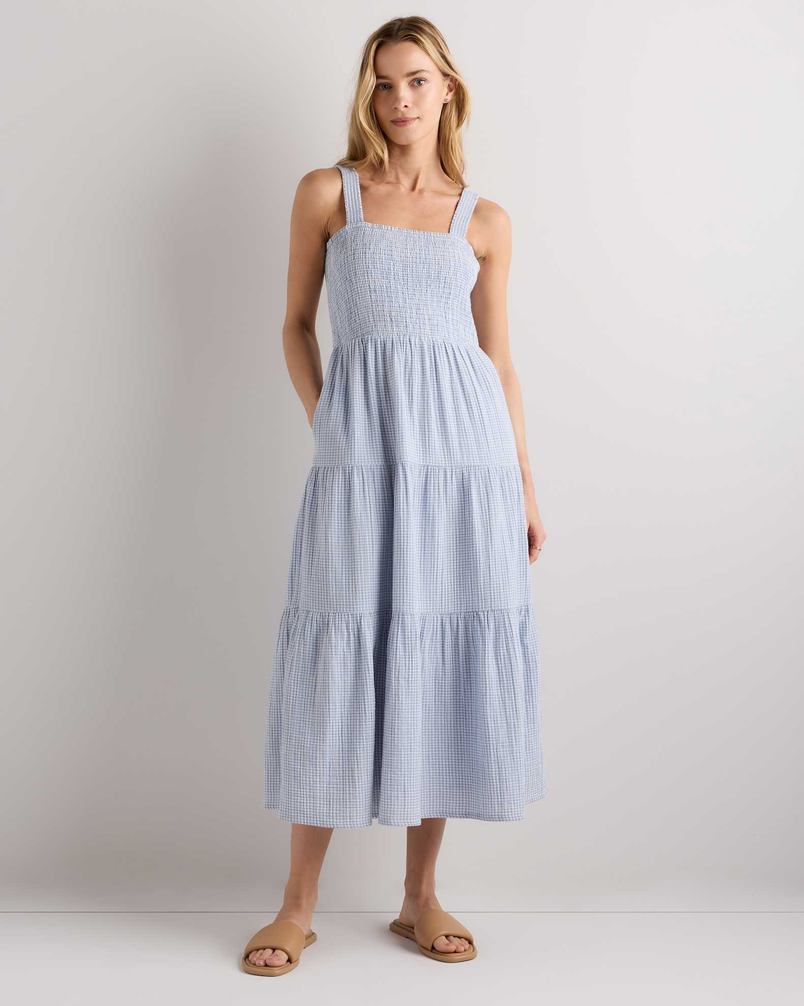 Women's Gauze Smocked Sleeveless Maxi Dress in Bayside Stripe Blue/White, Size Medium, Organic Cotton by Quince Women's Gauze Smocked Sleeveless Maxi Dress in Bayside Stripe Blue/White, Size Medium, Organic Cotton by Quince