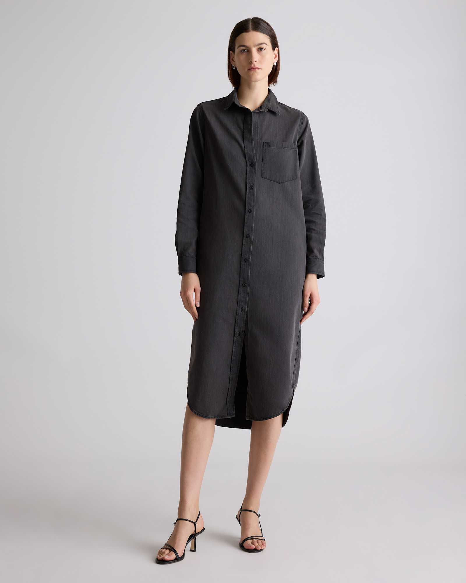 Distressed Denim Maxi Shirt Dress in Washed Black Distressed Denim Maxi Shirt Dress in Washed Black